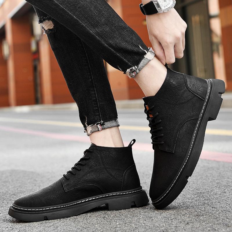 Fashion Winter Luxury Brand Brown Trend Boots Men Leather Thick Sole Leather Boots High Quality Motorcycle Boots Lace Up Business Boots