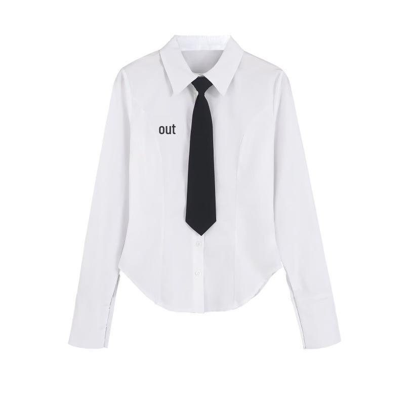 Women's American College Style Slim-Fit Embroidered Shirt with Tie Waist and Curved Hem