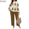 ZANZEA Women Long Sleeve Print Blouse and Pants Casual Two Piece Suit Sets