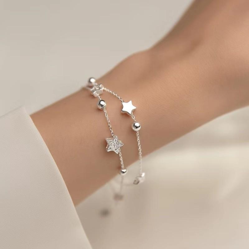 925 Silver Lucky Star Bracelet Women Retro Korean Design Double Layered Zircon Star Party Jewelry Beaded