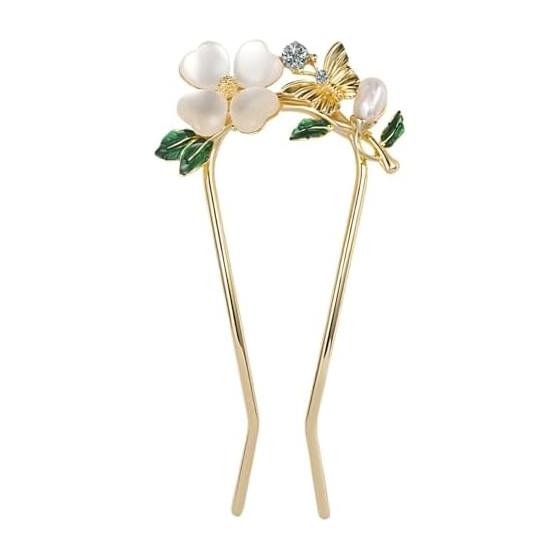 Miaomyao U-Shaped Hairpin, Japanese Hair Accessory with Pearls, Four-Leaf Clover and Butterfly Design, Gold, Small Four-Leaf Clover Kanzashi,