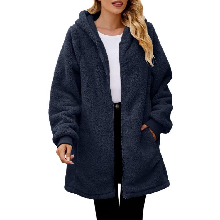 

Fashionable Plush Jacket for Women Loose Hooded Zipper Coat Solid Color Long Sleeved Pocket S темно-синий