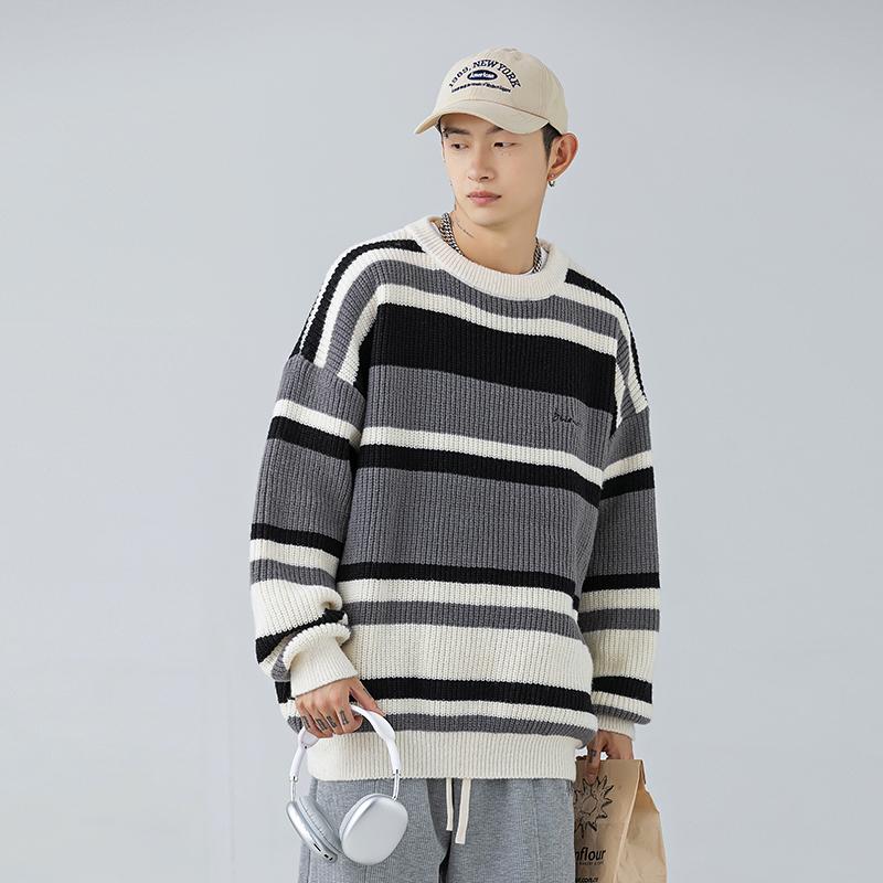 Autumn Winter Plus Size Striped Sweater Men's Sweaters Stripe Embroidery Knitting Pullover Korean Streetwear Men's Clothing Sweater Male