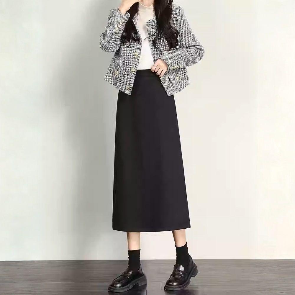 High-Waisted Wool Blend Midi Skirt with Back Slit - Autumn/Winter Fashion S