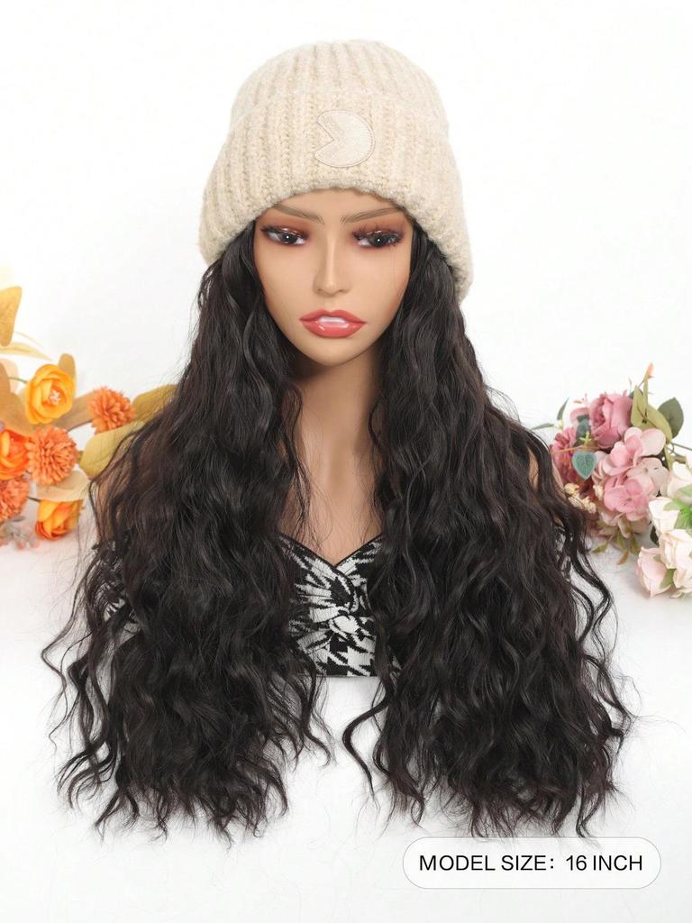 Synthetic Knitted Hat Wig For Women Long Wavy 16inch Black-brown Hair Warm Soft Knitted Autumn Winter Cap Heat Resistant Wig