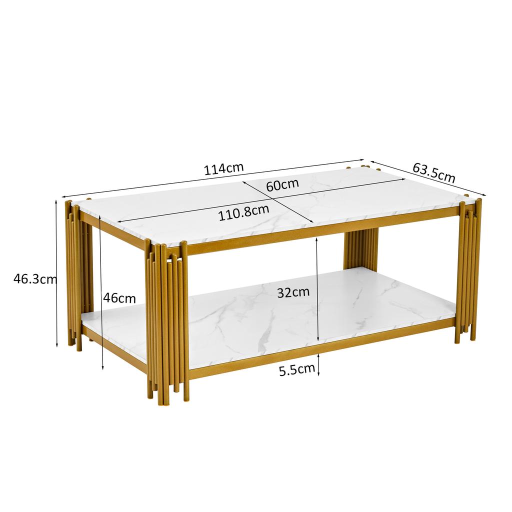 Rechteckiger Couchtisch mit Metallbeinen, Marmorierte Tischplatte, Moderne Wohnzimmermöbel, Weiß-Gold – H46/B1140/T64 cm
