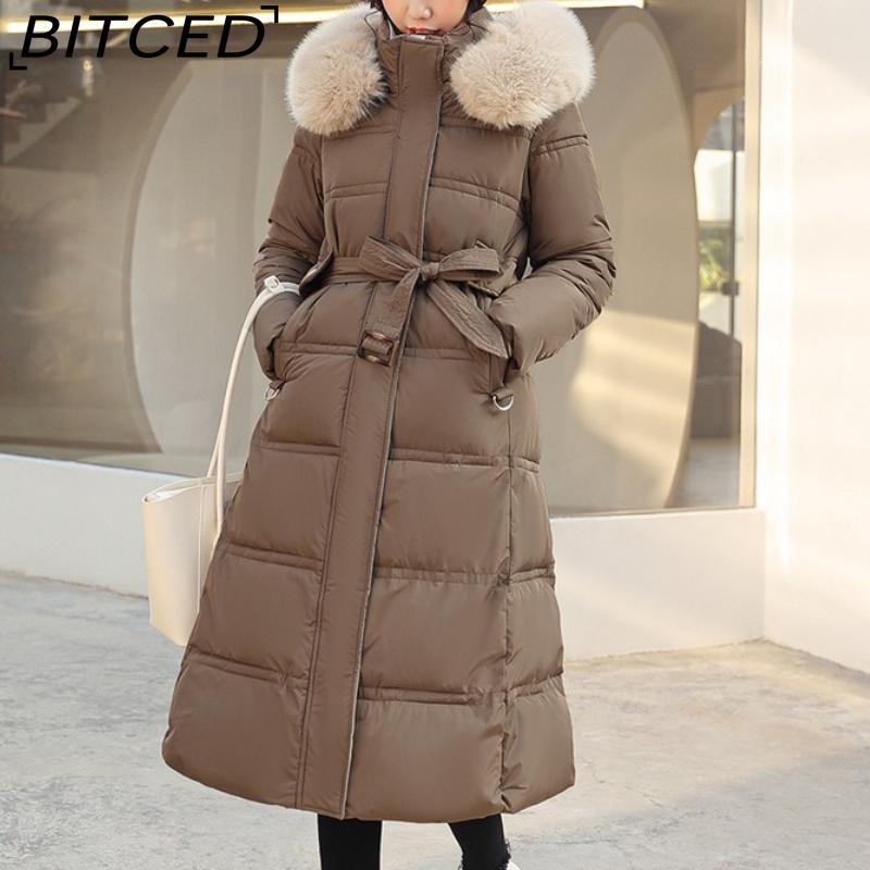 BITCED Winter Down-Filled Cotton Coat for Women - Long Style, Knee-Length, Oversized Fur Collar, Slim-Fit, Belted Design, Cotton