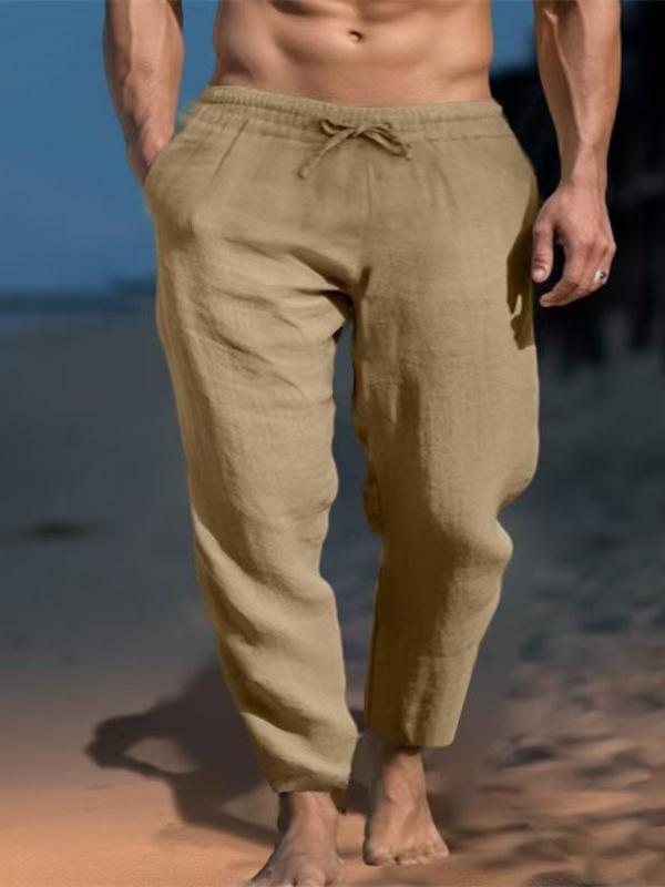 European and American New Men's Solid Color Drawstring Cotton and Linen Loose Casual Beach Casual Pants