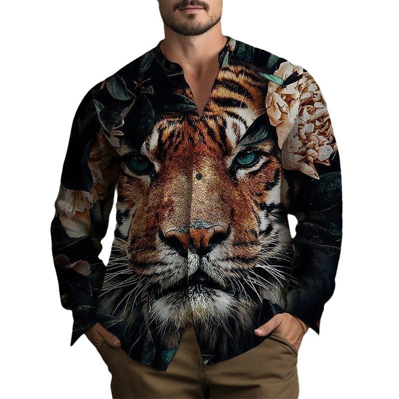 Tiger, Flower Pattern Long Sleeve Shirt Men's Spring and Autumn Trend Loose Casual Shirt Men's Autumn Clothing MB12