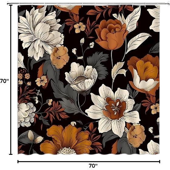 Black Boho Floral Shower Curtain Vintage Colorful Abstract Botanical Mid Century Modern Aesthetic Retro Fabric Bathroom Curtain with Hook