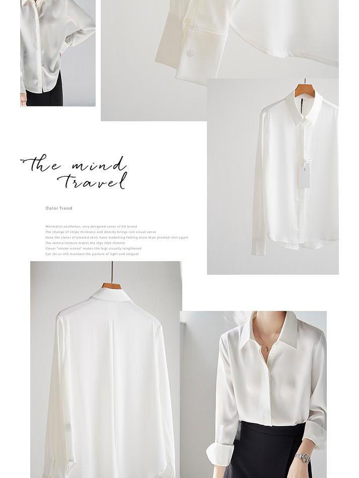 Women's Long Sleeve White Satin Shirt - Spring/Autumn 2026, High-Grade Acetate, Anti-Wrinkle, Perfect for Office Wear