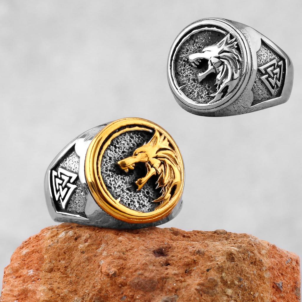 Stainless Steel Viking Wolf Head Ring Never Fade Gold Color Mens Hunting Game Hunter Wolf Claw Ring Nordic Jewelry Gift
