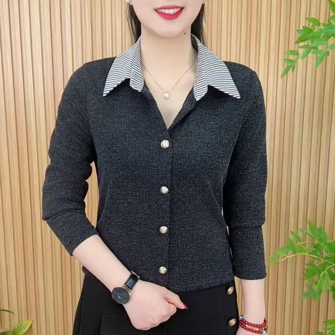 

Warm Autumn Winter Striped Patchwork Shirt for Middle-Aged & Elderly Women 2XL темно-серого