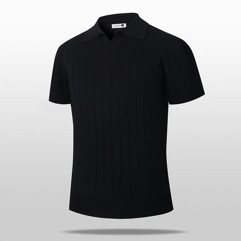 Men Short Sleeve Knit Polo Shirt Ribbed V Neck Casual Breathable Top