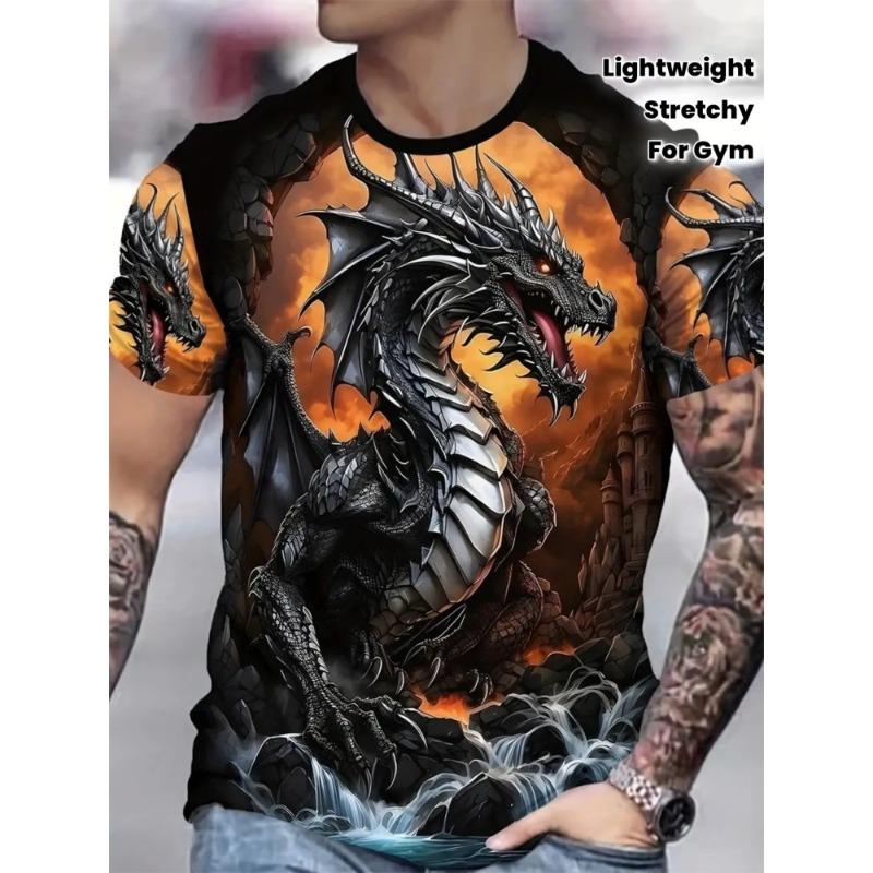 Men's Orange Dragon Graphic Tee Lightweight Stretchy Gym Casual Wear