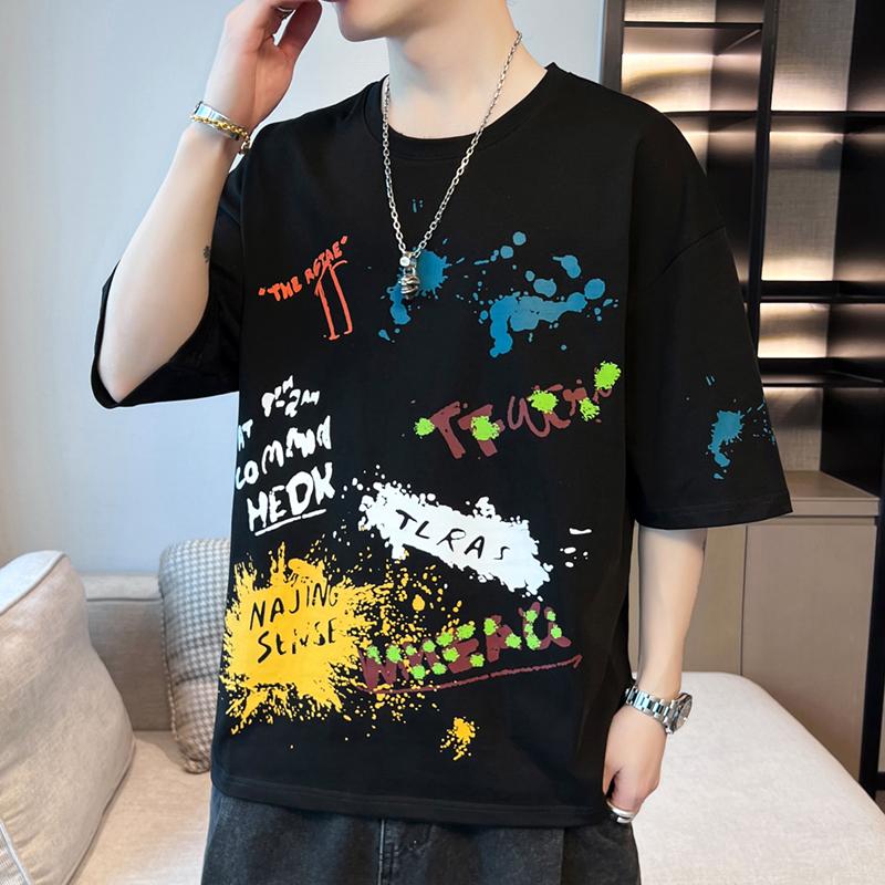Summer Streetwear Graffiti Printed Short Sleeve T-shirt Men Casual Fashion Loose Pullovers Tee Top