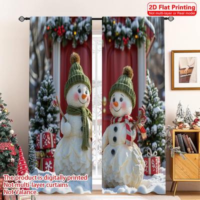 2pcs 2D Flat Printing Merry Christmas Popular Curtains Snowmen Christmas Door Gifts 100% Polyester Fabric Without Electricity