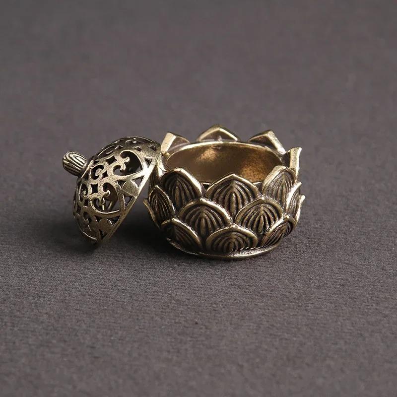 Retro Měděný Lotos Kapesní Vyřezávaný Hořák na Vonné Tyčinky Mosazný Stojan na Vůni s Víkem Santalové Dřevo Kadidelnice Buddhismus Domácí Dekorace