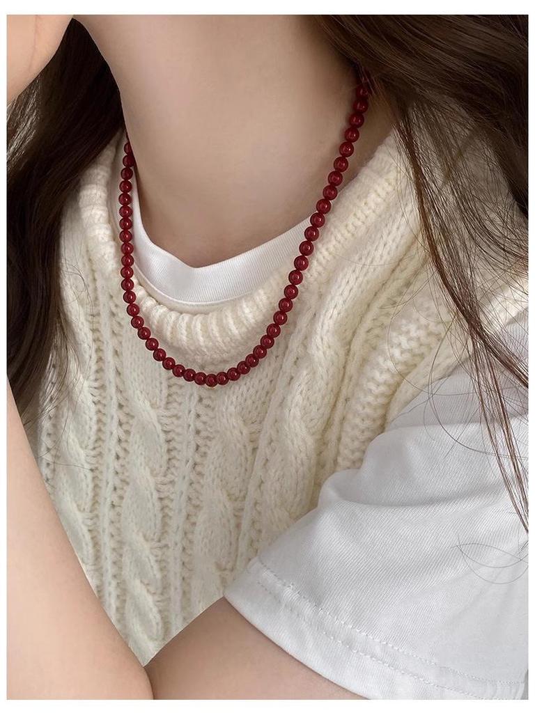 S925 Sterling Silver Encore Red Simulated Pearl Necklace for Women - Festive Autumn/Winter Sweater Chain