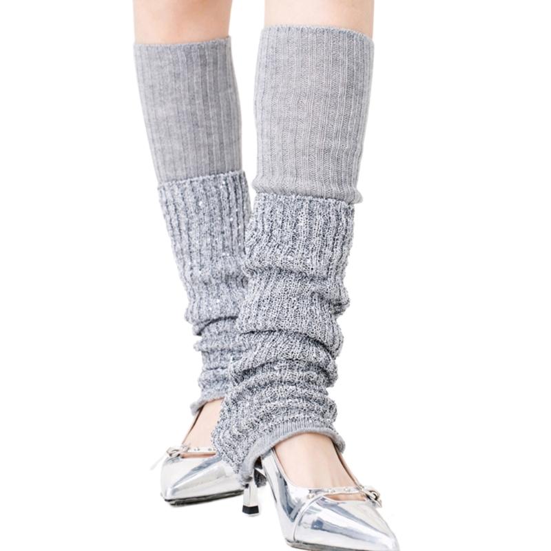 Womens Vintage Ribbed Knit Stretch Long Leg Warmer Party Dance Glitter Sequins Patchwork Solid Boot Socks Leg Cover