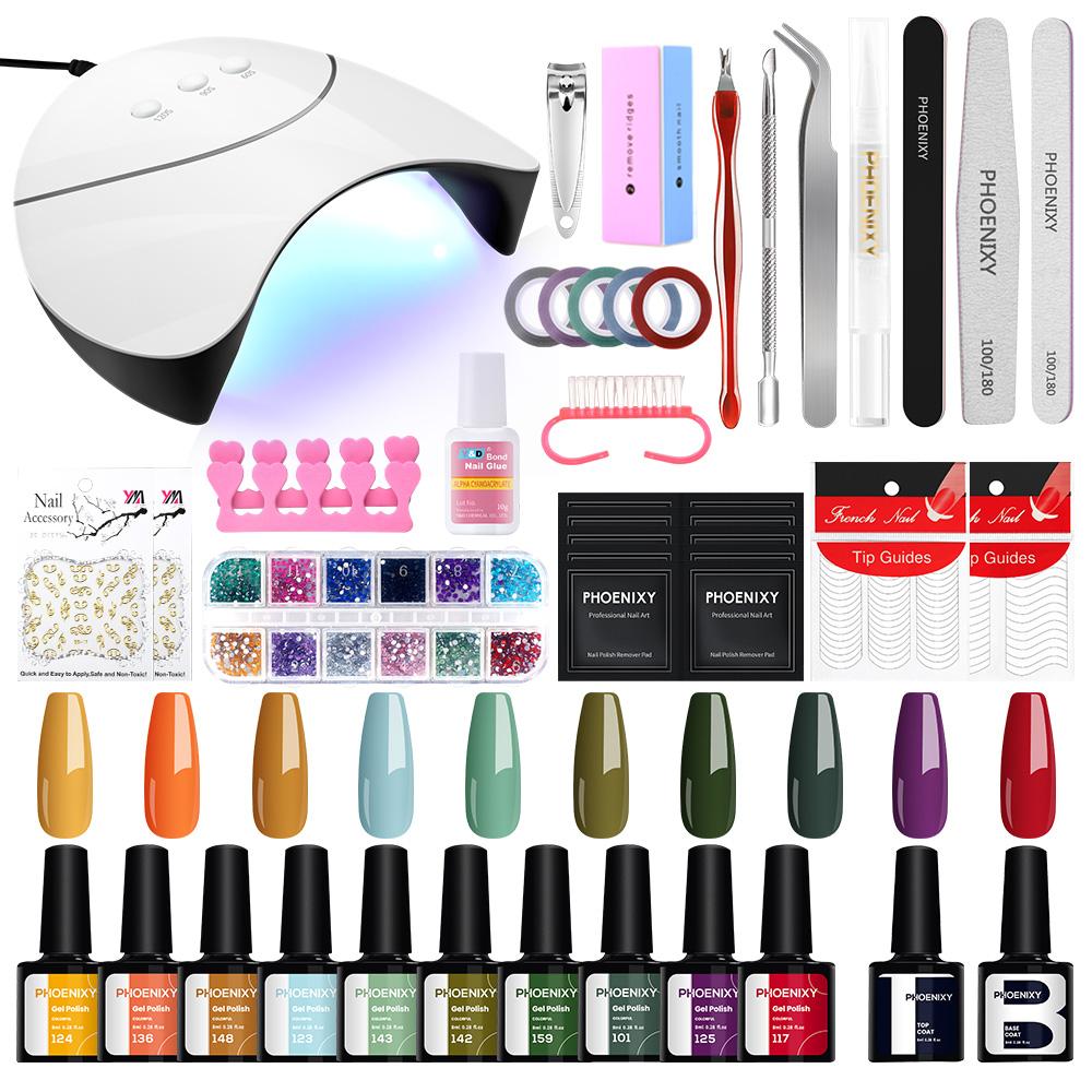 PHOENIXY Complete Nail Polish Set with 36W UV LED Nail Lamp for Semi-permanent Gel Manicure.