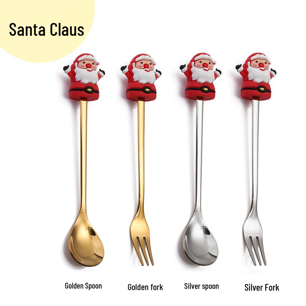 Cartoon Rabbit Christmas Dessert Spoon and Fork Set - Cute Party Favor Stirring Spoon