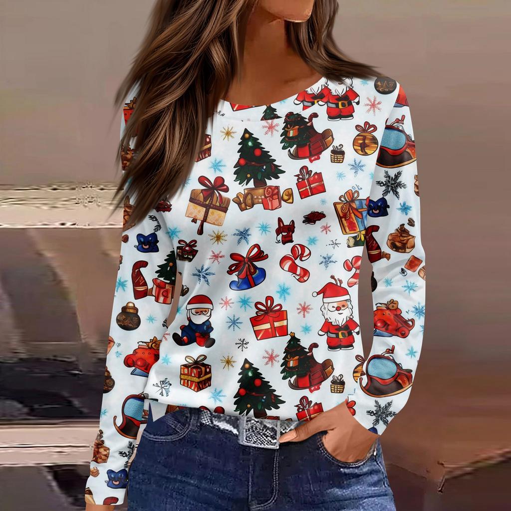 Women's Fashion Casual Slit Hem Round Neck Long Sleeve Loose Christmas Printed T-Shirt Ladies Top