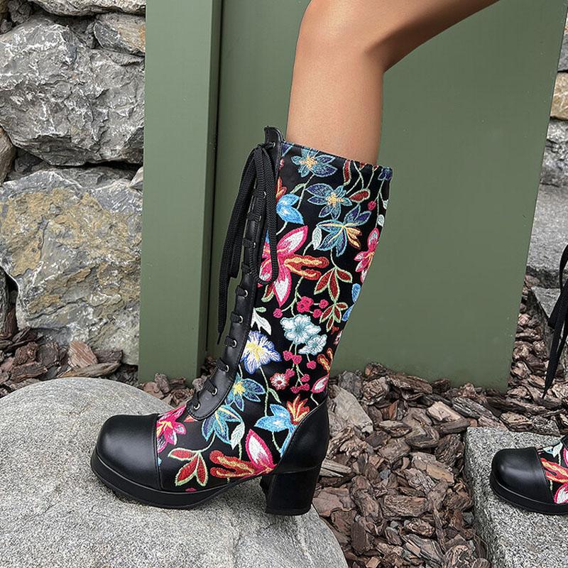 Women Boots Winter Lace-up Round Toe Knee High Boots Square High Heels Fashion Floral Embroidery High Top Women's Boots WSH5012