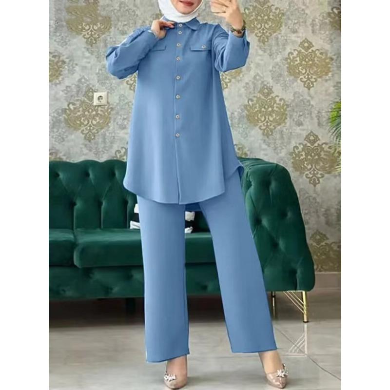 Muslim women's clothing spring and summer lapel collar long-sleeved bag cover shirt trousers set first-hand supply is comfortable