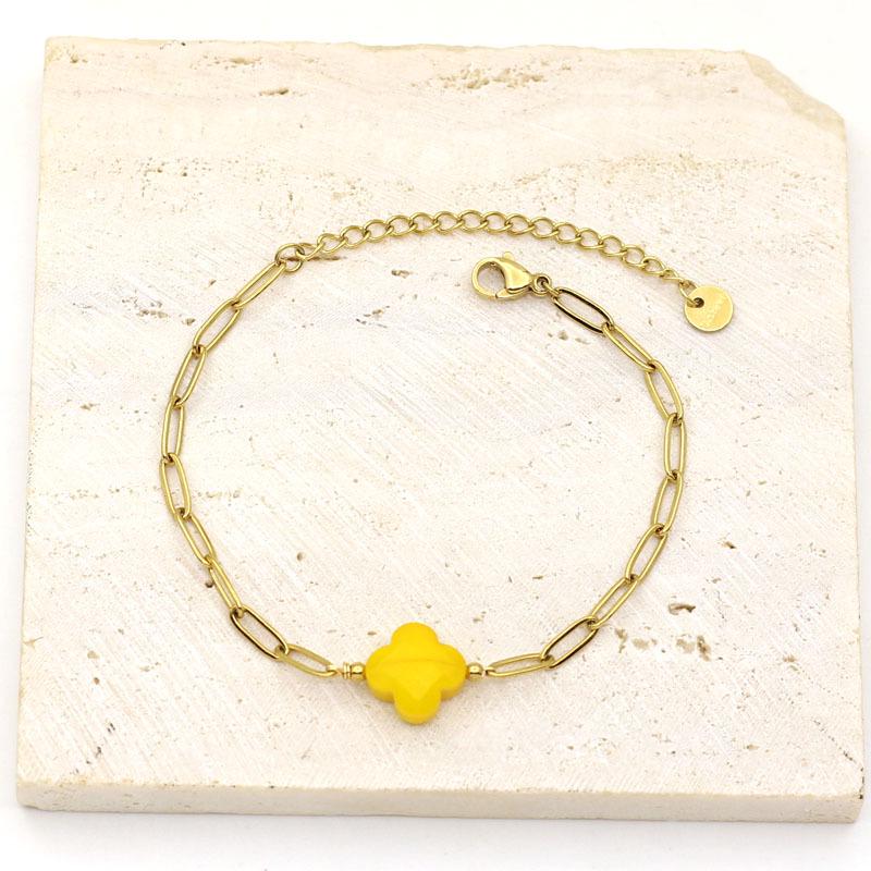 Women s Gold-Plated Titanium Steel Bracelet with Faceted Crystal Four-Leaf Clover Pendant and Stainless Steel Chain жёлтый