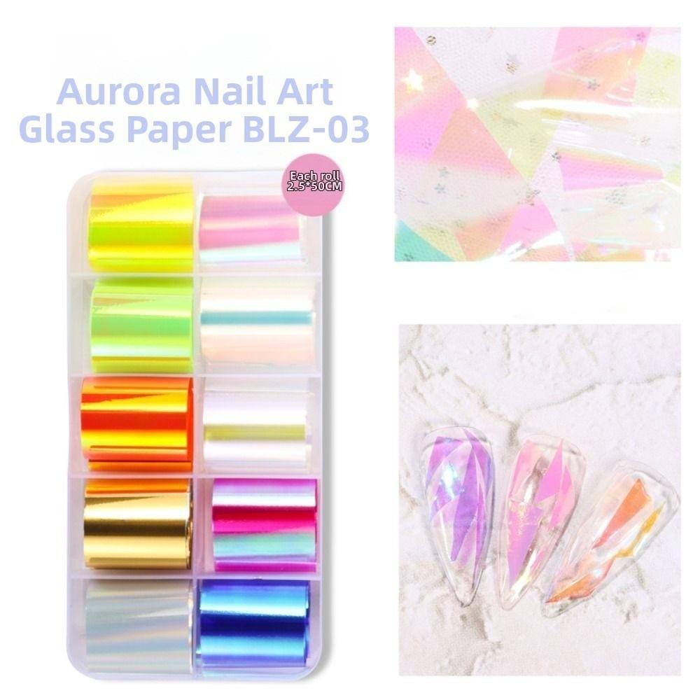 Iridescent Nail Art Stickers 10 Rolls Laser Glass Nail Foils Hot Transfer Decals DIY Manicure