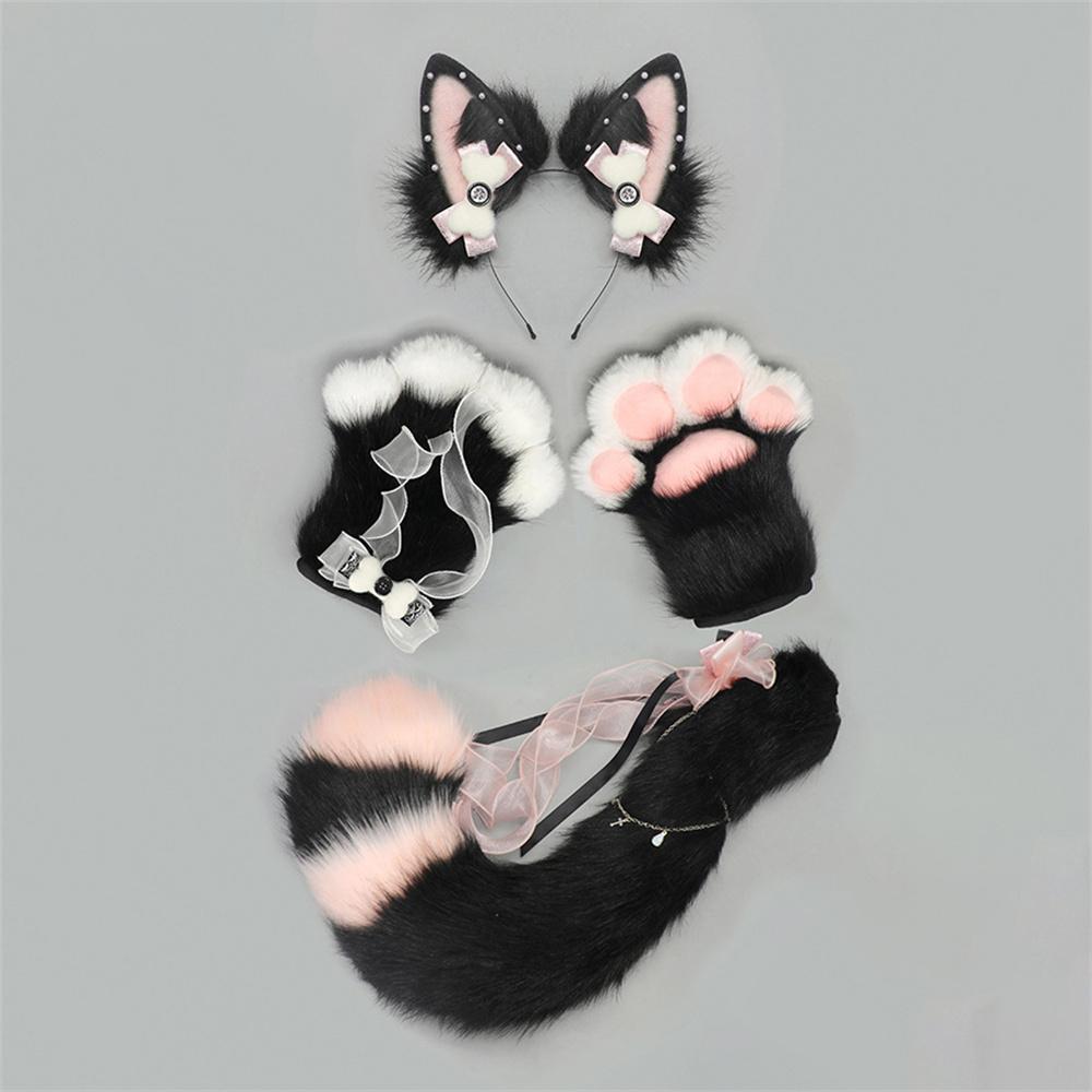 

4Pcs/Set Kitsune Fox Ears & Tail & Paw Gloves Plush Anime Cosplay Prop For Lolita Furry Convention Halloween Costume Accessories 1 set