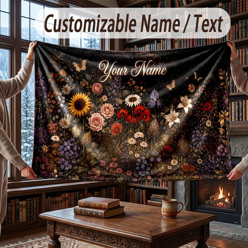 Floral Garden Theme Throw Blanket Custom Name Text Personalized Blanket Soft Cozy Blanket for Home Sofa Bed