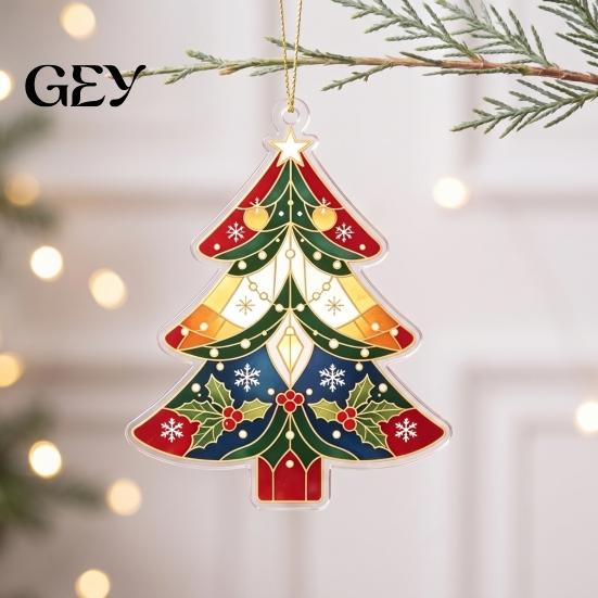 Holiday Hanging Pendant for Home 2D Flat Acrylic Christmas Tree Ornament, Vintage Stained Car Rear View Mirror Decoration Glass Style Pendant, Festive