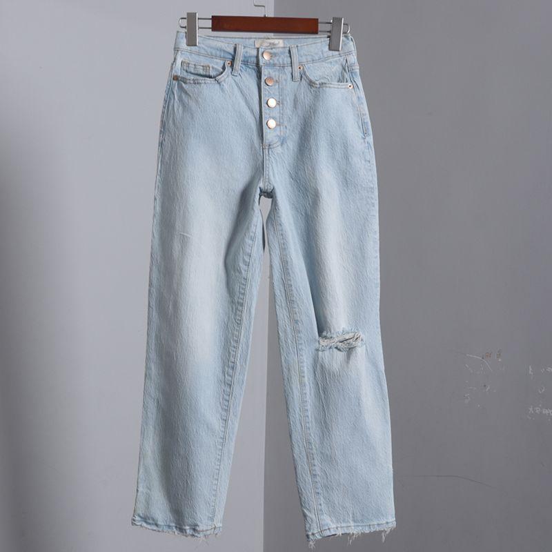 

Worn Cropped High Waist Straight New Spring and Autumn Breasted Blue and white pants long R Code 8 approx. 29