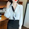 Fairy Stone Long Sleeve Chiffon Blouse with Ribbon and Solid Casual and Size Women's V-Neck, Color, Formal, B-53 (L, White)