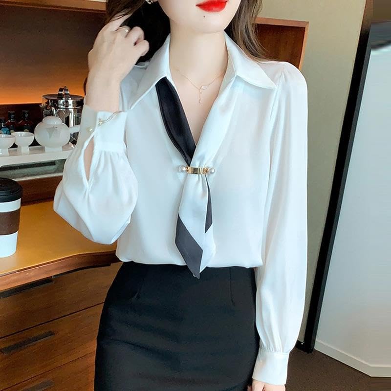 Fairy Stone Long Sleeve Chiffon Blouse with Ribbon and Solid Casual and Size Women's V-Neck, Color, Formal, B-53 (L, White)