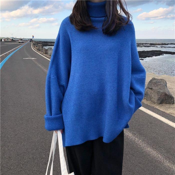 Rollkragen Kragen Pullover Frauen Frühling Herbst Feste Strick Pullover Übergröße Grundlegendes Schwarz Blau Weiß Jumper pull femme