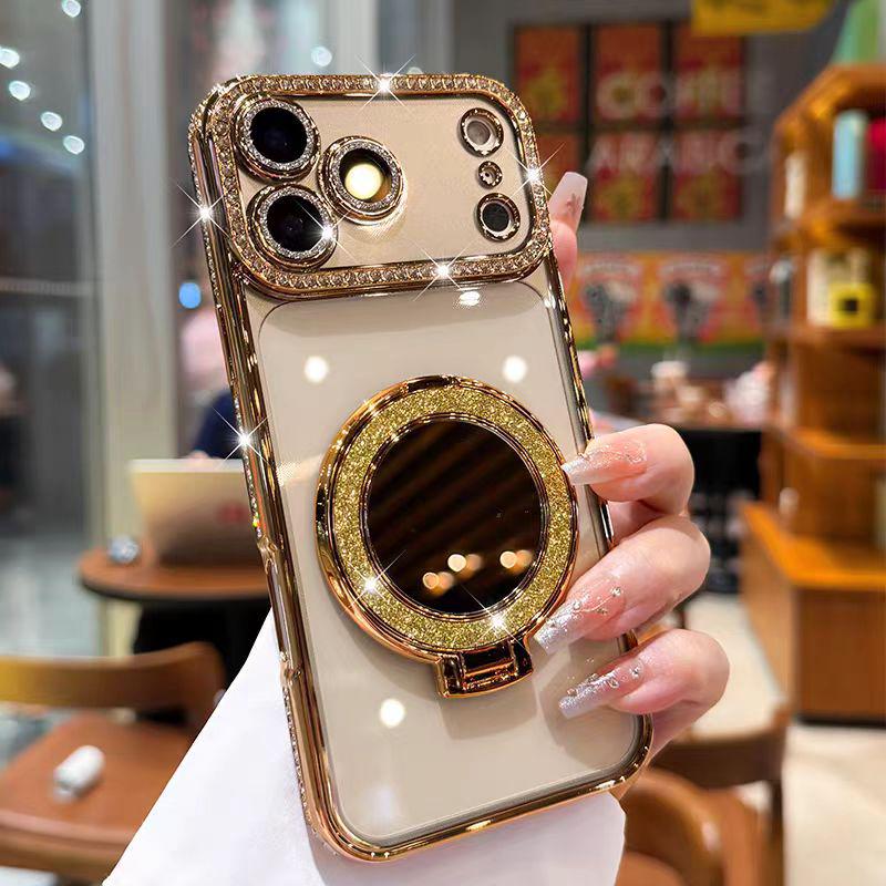 

Роскошный чехол для телефона с магнитным зеркалом и стразами для iPhone 14, 15, 16 Pro Max и 17 11 Pro Max