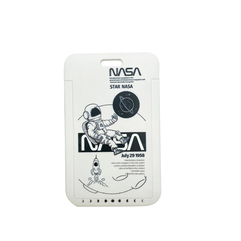 Women Men Work Card Cover White Astronaut Pattern Business Name Card Badge Holder Bus Access Guard Credit Card Case with Lanyard