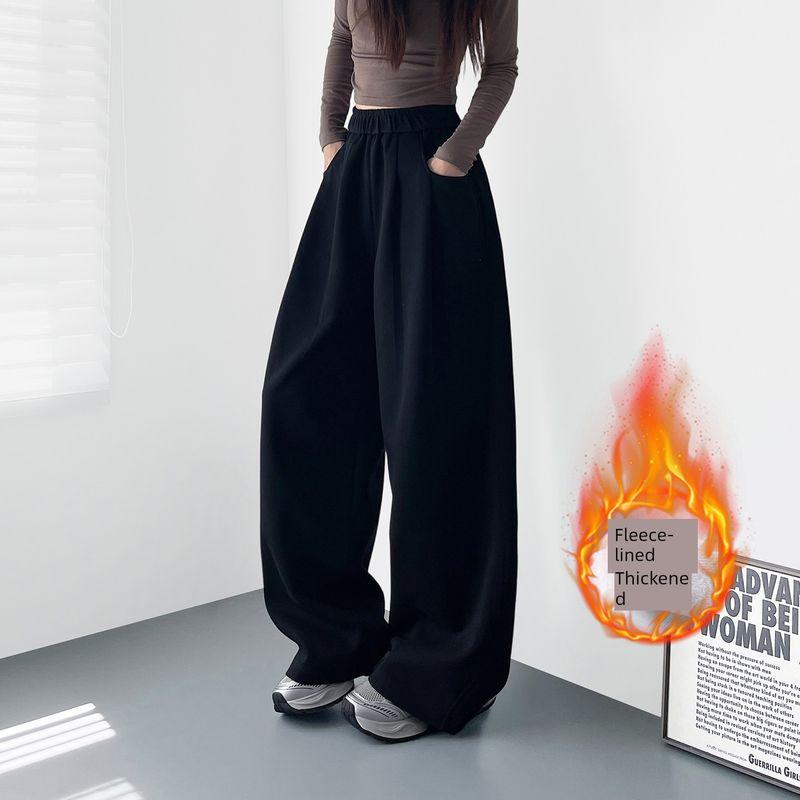 Black Sweatpants, Loose-Fitting Wide-Leg Pants for Women, Winter, for Chubby Girls, Lazy Style, Relaxed Fit, Fleece-Lined, Sporty Casual Pants