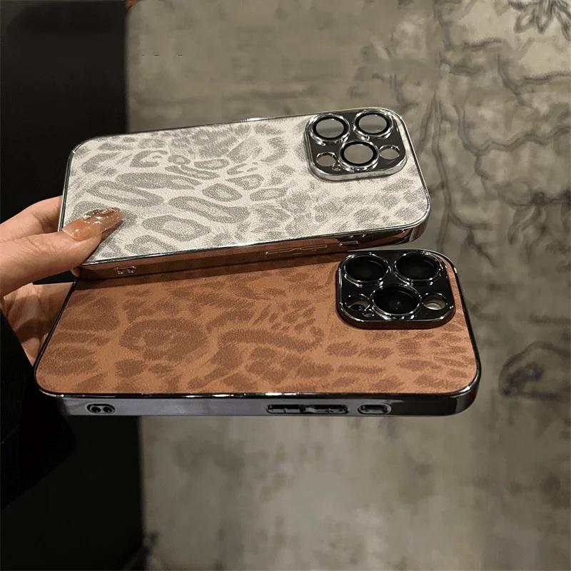 Luxury Plating Leopard Texture Leather Case For 17 16 15 14 Plus 13 12 11 Pro Max Lens Protection Shockproof Cover Capa