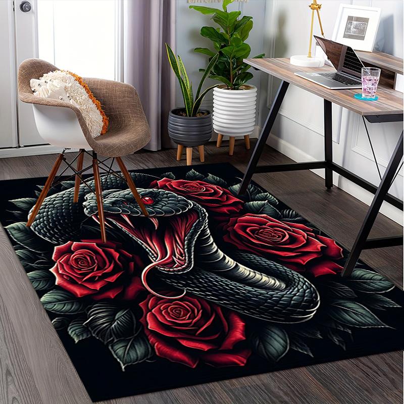 Black Snake and Red Roses Chair Mat: Office Carpet, Oversized Rug for Home Decor, Sofa Mat, Desk Pad Gift Suitable for Bedroom, Living Room, Any Room