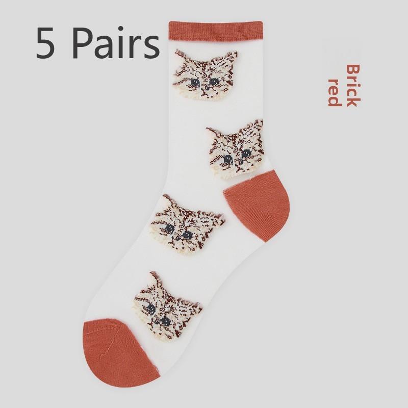 

5 пар весенних/летних носков женские носки стеклянные чулки милые кошечки женские носки средней длины ковровые носки 5 Pairs кирпич красный
