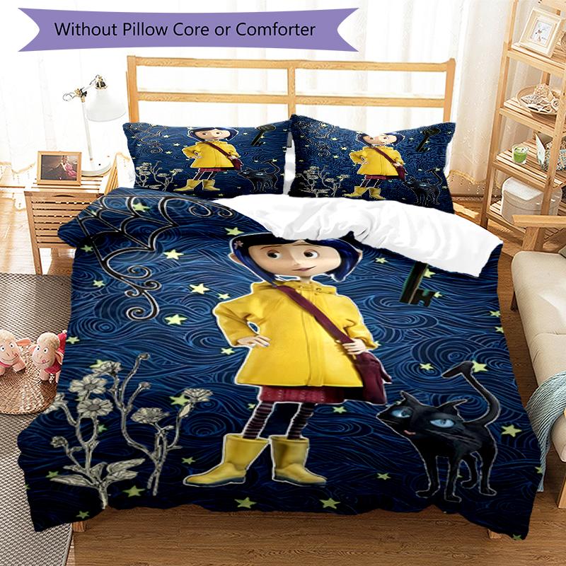 3pcs Coraline (5) Design Cover Set - HD Printed Bedding with 1 Cover and 2 Pillowcases - Perfect for Home and Dorm Decor