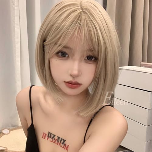 Eileen Bob Blonde Wig, Natural Fluffy, Women's Straight Wig with Net for a Slimming Face
