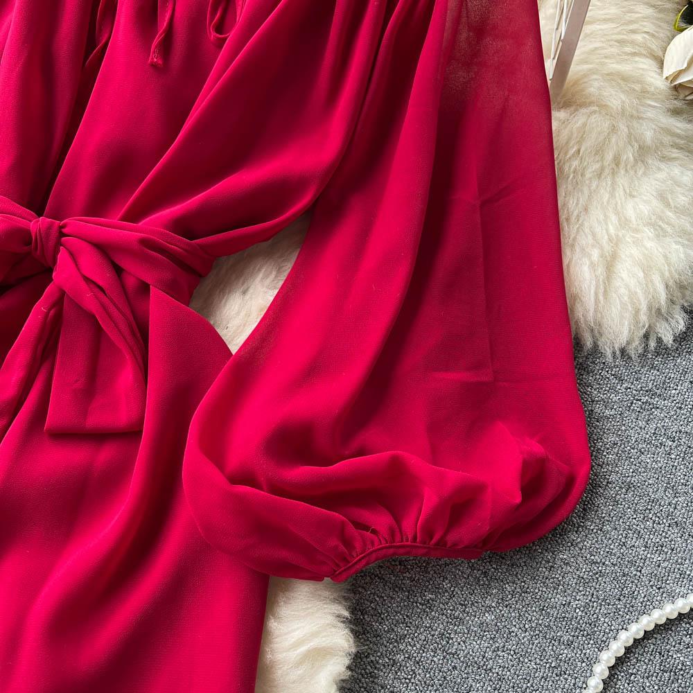 Francouzské šik Maxi šaty pro ženy Sklopný límec Lucerna Rukáv Šněrovací Dámské letní šaty Dámské Vestidos Dropship