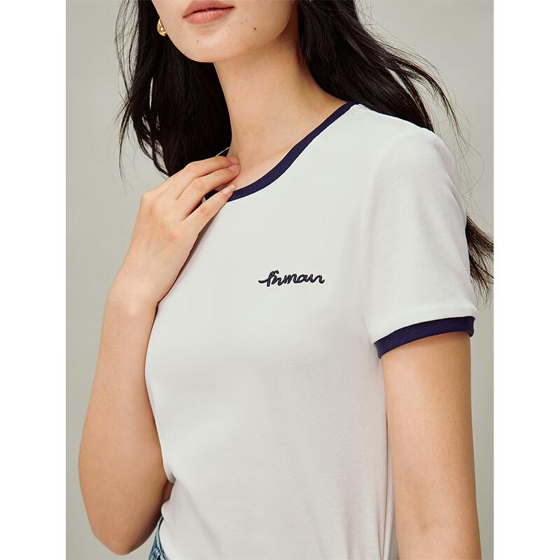 INMAN Women's Embroidered Colorblock Round Neck T-shirt