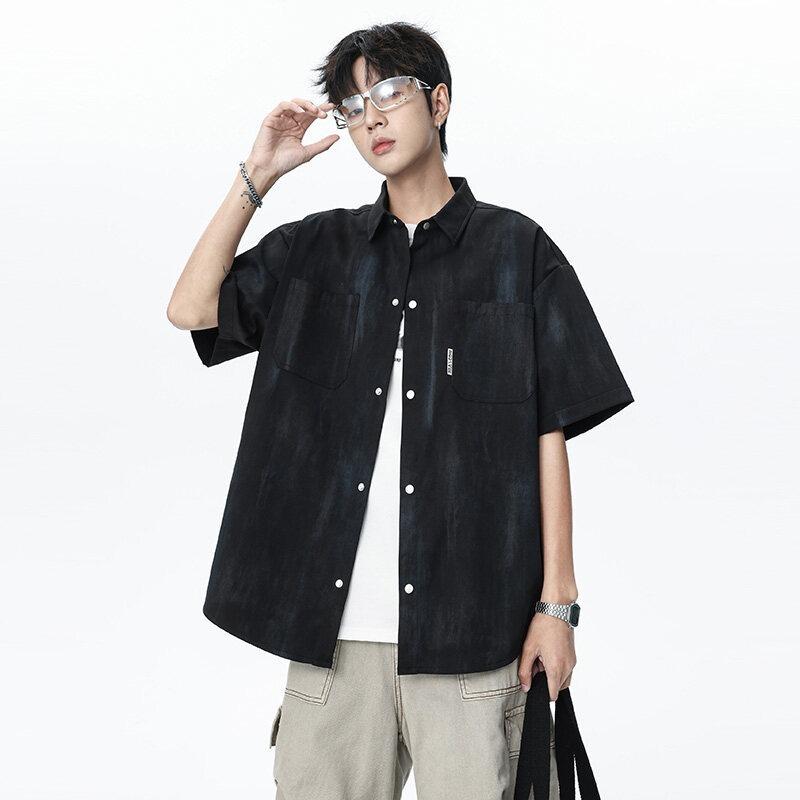 Men Vintage Tie Dye Loose Casual Short Sleeve Turn Down Collar Shirt