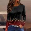 Women's Fashion Hem Slit Casual Christmas Printed Round Neck Long Sleeve Top